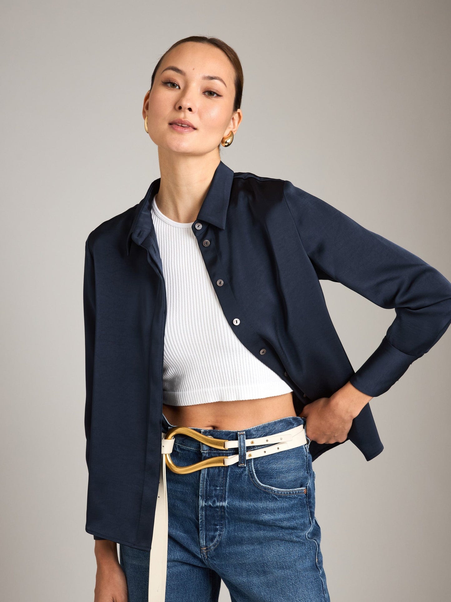 Monk & Lou tops Navy / 2XS Satin Ellen Collar Blouse