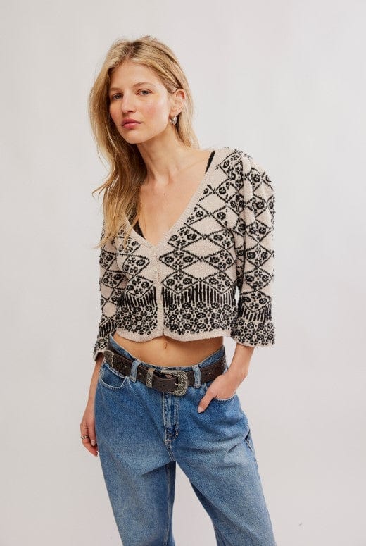 FREE PEOPLE Sweater Black Crystal Combo / XS Geo Floral Cardi