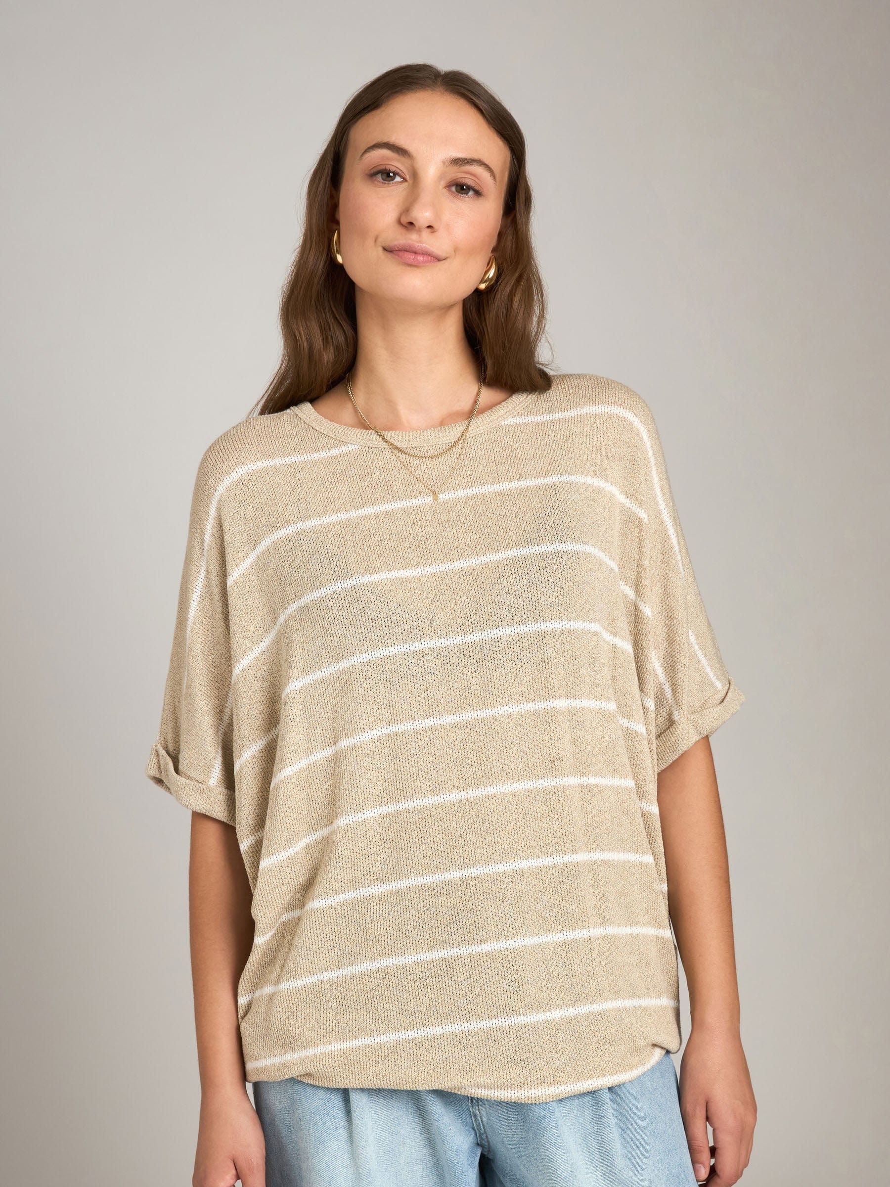 LOVEFINN TOPS Taupe/White / S Breezy Stripes Knit Top