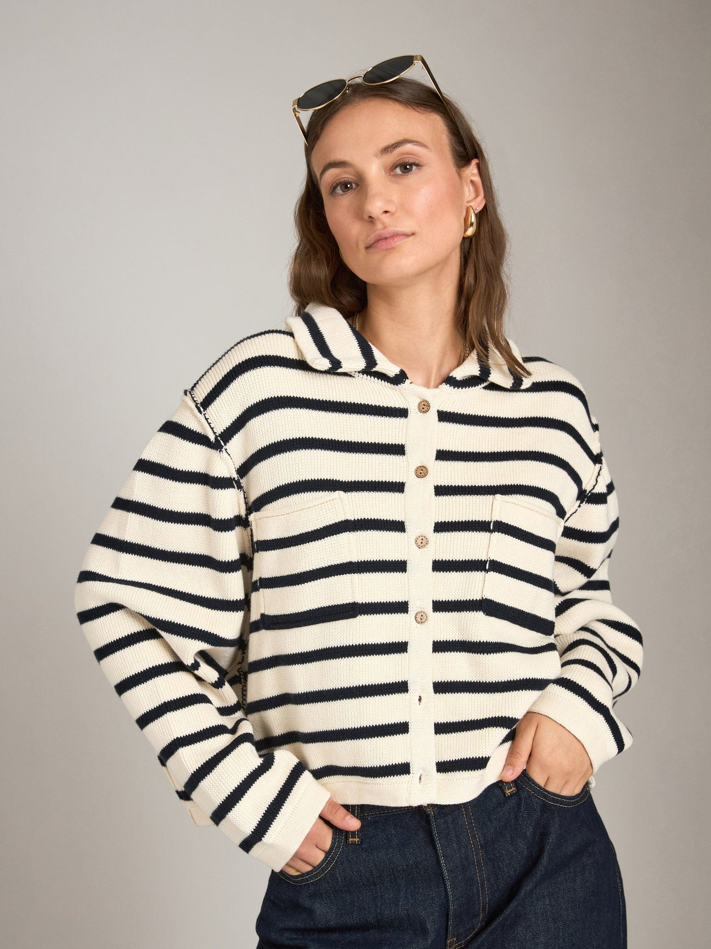 LOVEFINN sweater White Navy / S Stripe Cardi With Collar