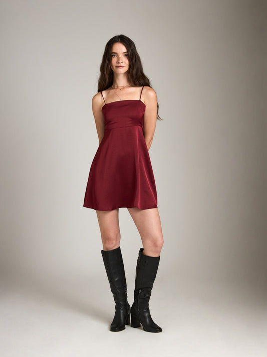 Monk & Lou DRESSES Cherry / 2XS Satin Emory Smocked Flare Mini Dress