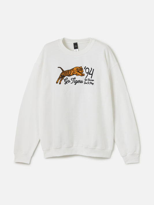 White oversized graphic crewneck. Vintage inspired with embroidered tiger on chest.