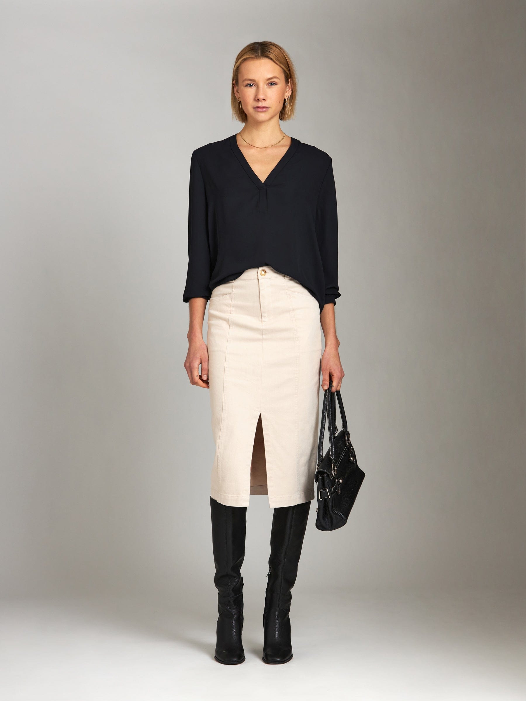 BOTTOMS - M&L THE LABEL - Cotton Twill Ira Pencil Midi Skirt - Pebble - PLENTY