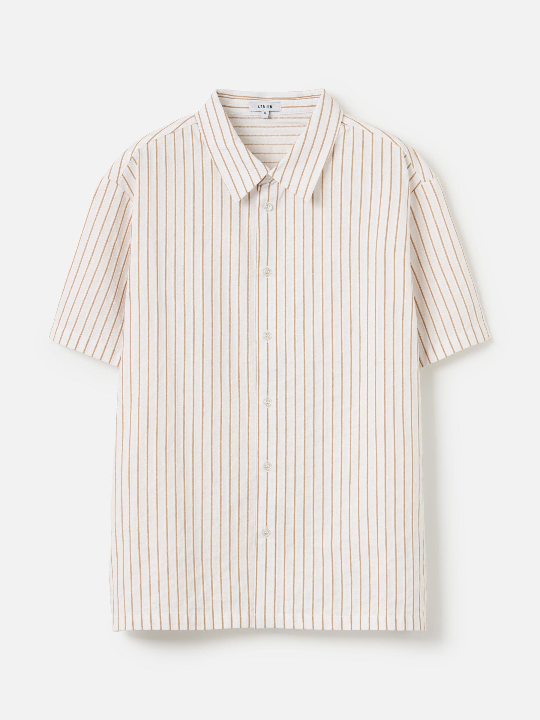 ATRIUM TOPS Tan Stripe / S Striped Short Sleeve Button Up Shirt