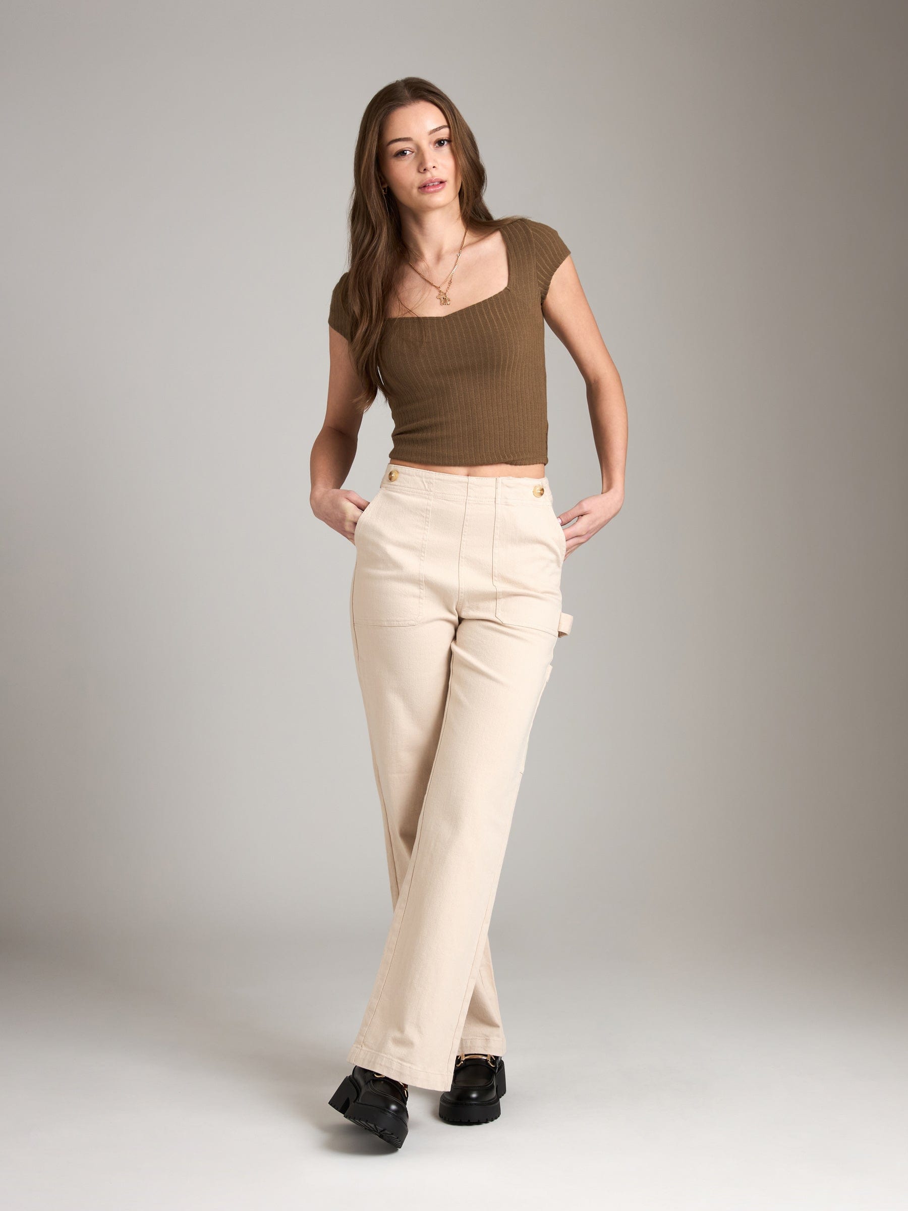 BOTTOMS - M&L THE LABEL - Grazia Flare Carpenter Pant - Pebble - PLENTY