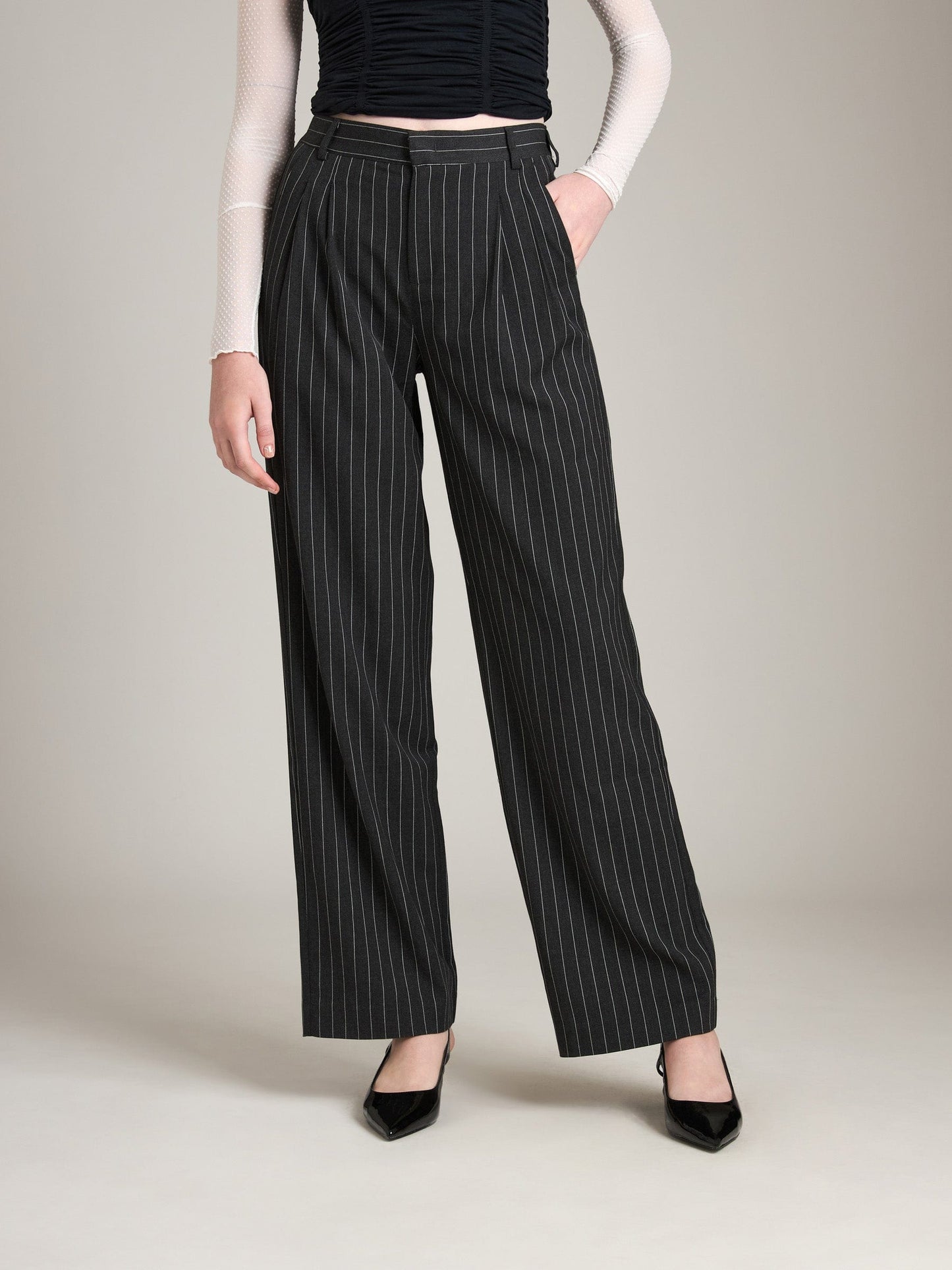 Monk & Lou BOTTOMS Coal / 00 Pinstripe Jullian Pleated Wide Trouser