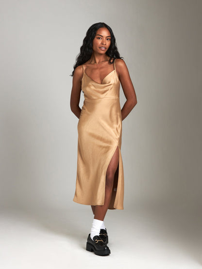 Monk & Lou Dresses Bronze Safari / 2XS Satin Tazia Cowl Dress