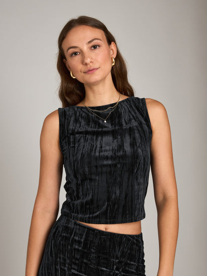 Monk & Lou TOPS Black / 2XS Pleated Velvet Vida Boatneck Shell