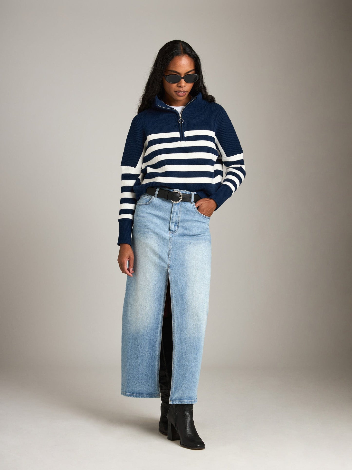 MONK & LOU TOPS Ottoman Stripe Colby Quarter Zip Pullover