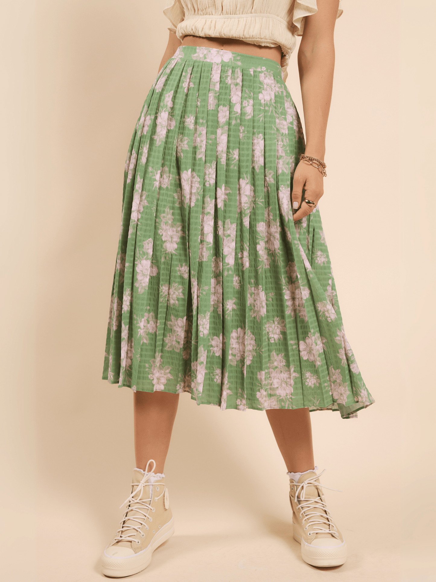 SADIE & SAGE BOTTOMS Green Multi / XS Rainy Days Pleated Midi Skirt