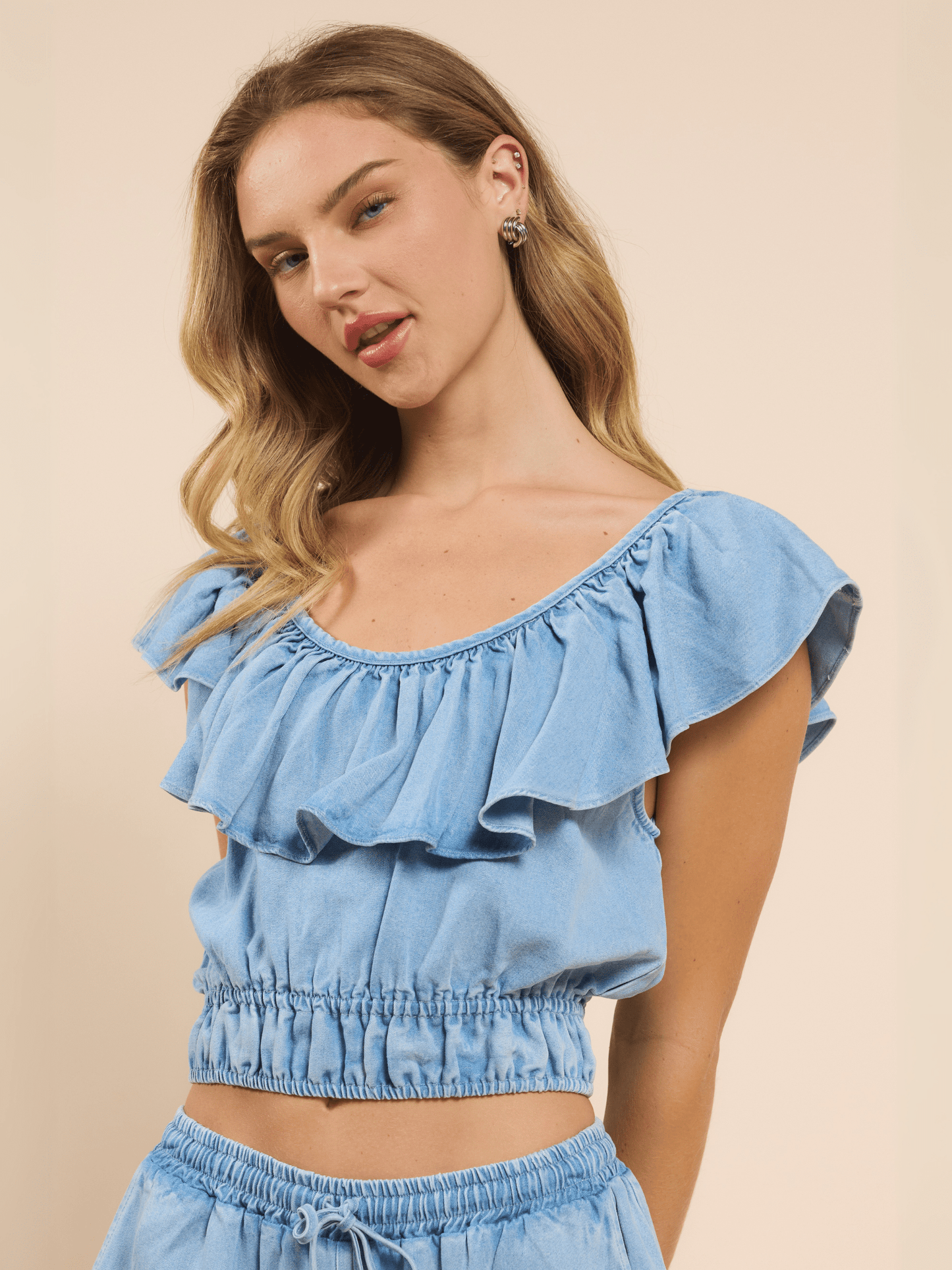 SADIE & SAGE TOPS Light Chambray / XS It's Pouring Wide Ruffle Top