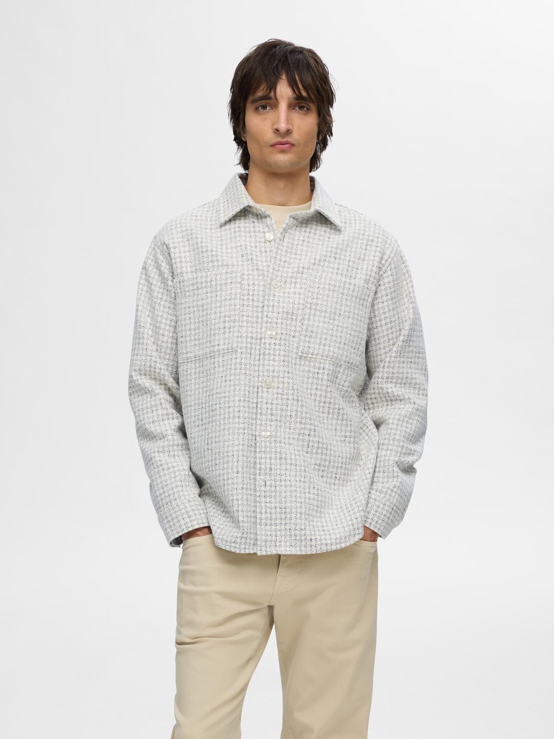 Selected m tops Egret Checks / S Boucle Check Overshirt