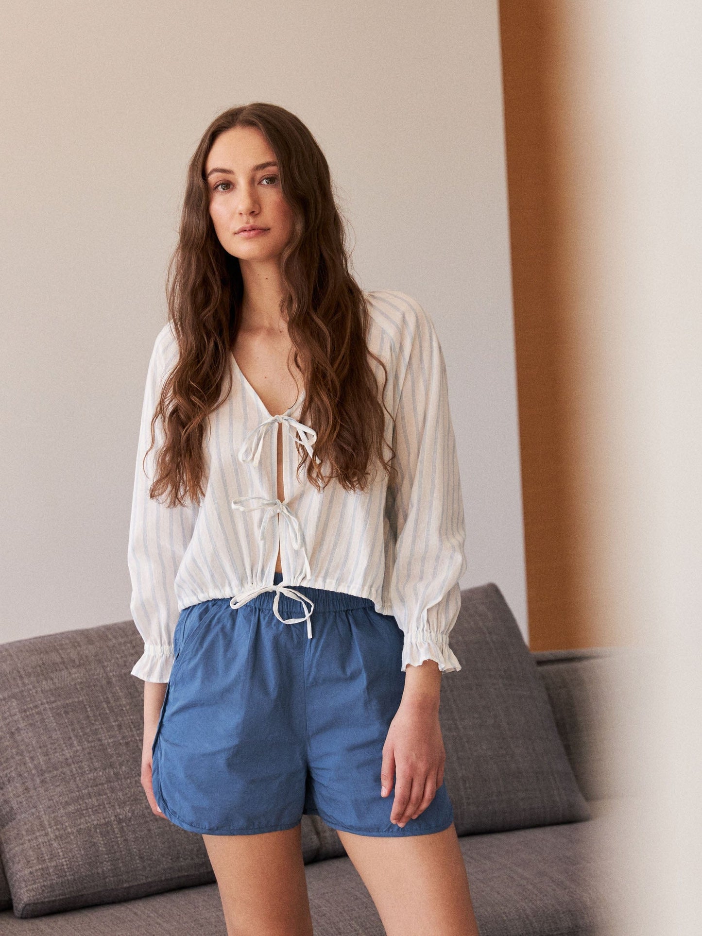 Monk & Lou TOPS White Ice Blue / XXS Arianna Tie Blouse